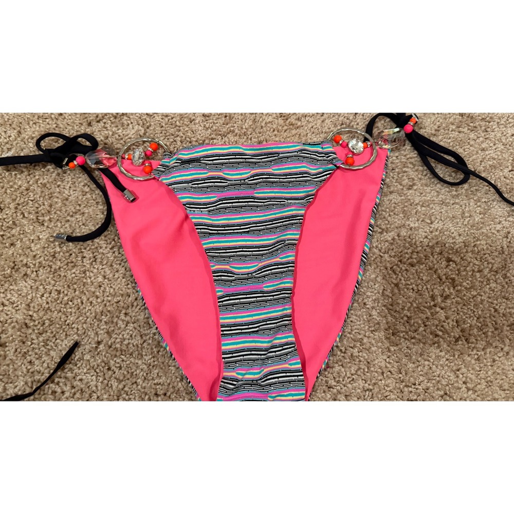 Beach Bunny Bronze Hot Pink Striped Crystal Beaded Side Tie Bikini Bottoms XL
